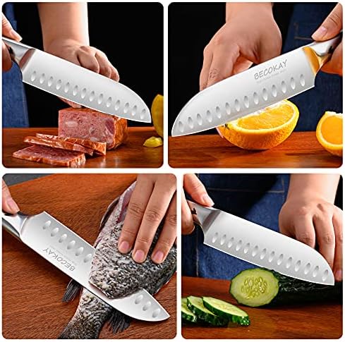 BECOKAY Tırtıklı Biftek Bıçak Seti 8, 7 İnç Santoku Bıçak, Ultra Keskin Mutfak Şefin Bıçakları, Tam Tang Saplı Yüksek
