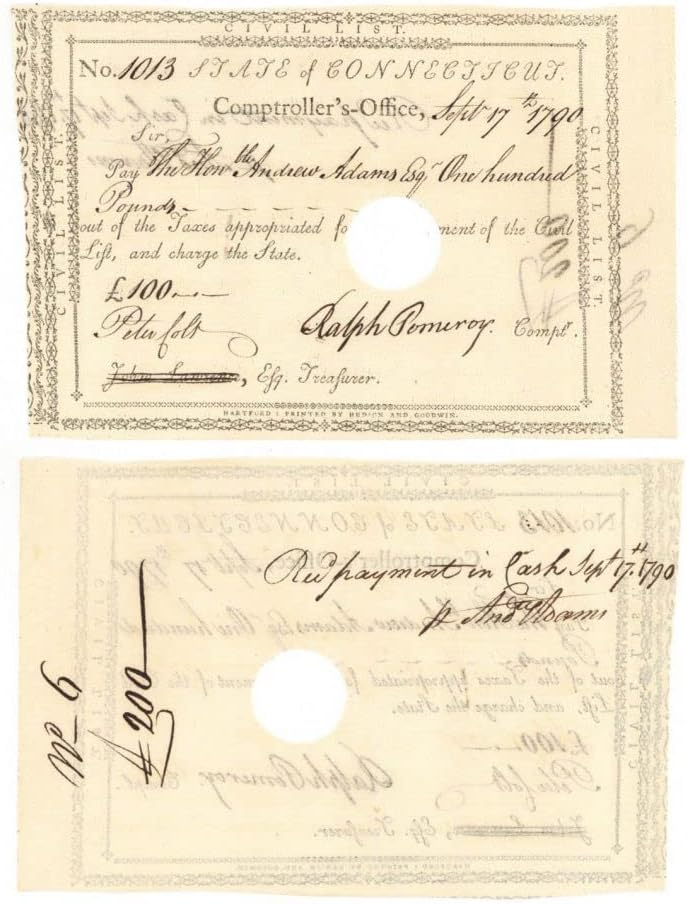 Andrew Adams'a verilen ve Peter Colt ve Ralph Pomeroy - Connecticut Devrim Savaşı Tahvilleri tarafından imzalanan