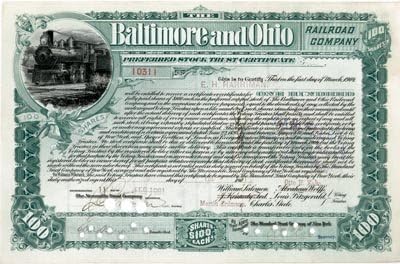 Baltimore ve Ohio Demiryolu A. Ş. E H Harriman tarafından imzalanmış - Hisse Senedi Sertifikası