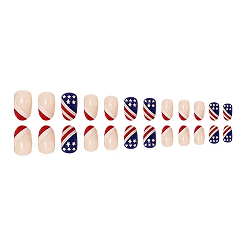 Tırnaklara Ekstra Kısa Basma Çıplak Takma Tırnaklar 4 Temmuz Tırnaklara Kısa Basma Amerika Bayrağı ile Tasarım Tutkallı