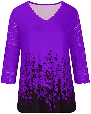 Mor Sonbahar Yaz Dantel Gömlek Bayan 3/4 Kollu Konfor Renk 2023 Giyim Moda V Boyun Grafik Capri Üst Tee kızlar için