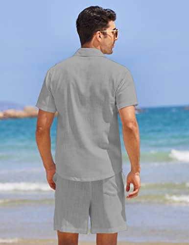 COOFANDY Erkekler 2 Parça Keten Set Rahat Kısa Kollu Gömlek ve Kısa Plaj Seti