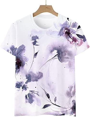 Crewneck Spandex Tişörtleri Kadınlar için Yaz Sonbahar Kısa Kollu Mürekkep Boyama Çiçek Baskı Üstleri Tişörtleri Kızlar