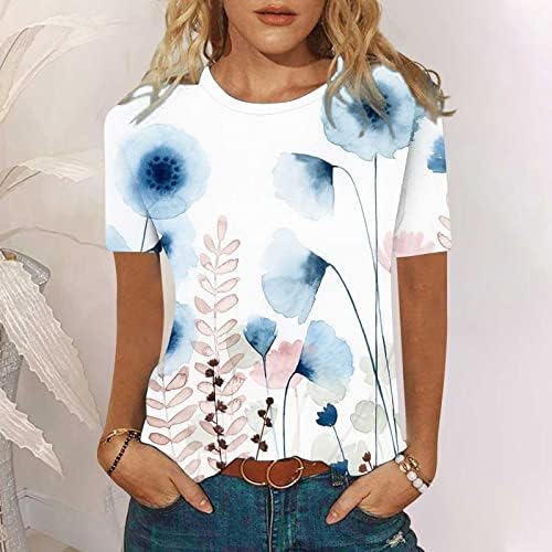 Crewneck Spandex Tişörtleri Kadınlar için Yaz Sonbahar Kısa Kollu Mürekkep Boyama Çiçek Baskı Üstleri Tişörtleri Kızlar