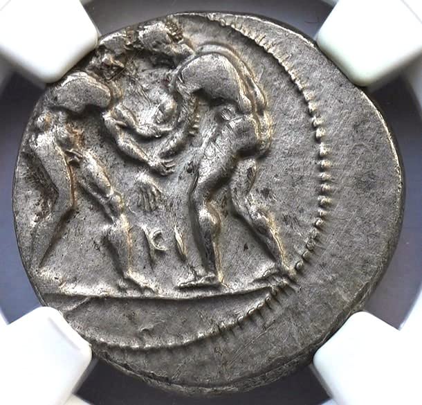 GR 380-325 M. Ö. Antik Yunan Güreşçiler ve Slinger Kimliği Doğrulanmış Yunan Nadir Gümüş Sikke Stater Çok İnce NGC