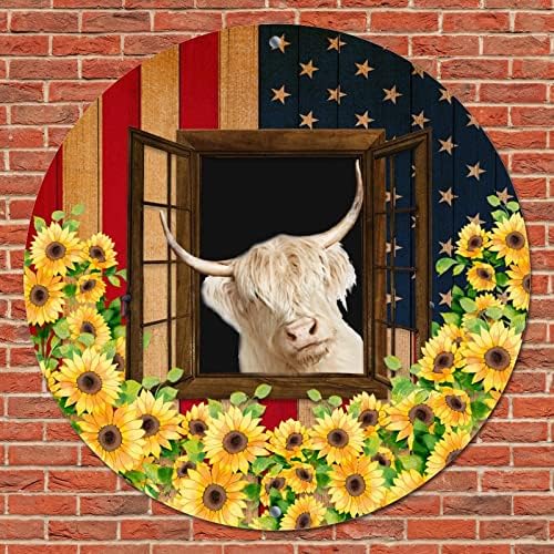 Yuvarlak Metal Tabela Yıpranmış ABD Bayrağı Komik Çiftlik İnek Windows Ayçiçeği Dekoratif Kapı Ev İşareti Vintage