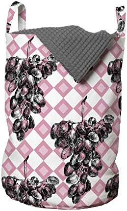 Ambesonne Üzümlü Çamaşır Torbası, Karelerden Oluşan Bir Arka Plan Üzerine Elle Çizilmiş Kabataslak Meyve, Kulplu Sepet