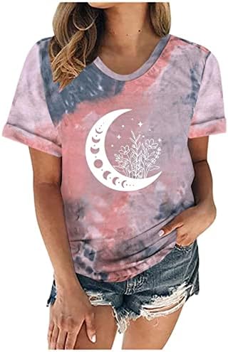 Kravat Boya T-Shirt Kadınlar için, Bayan Ay Baskılı Üstleri Yaz Kısa Kollu T Shirt Temel Gevşek Yuvarlak Boyun Casual