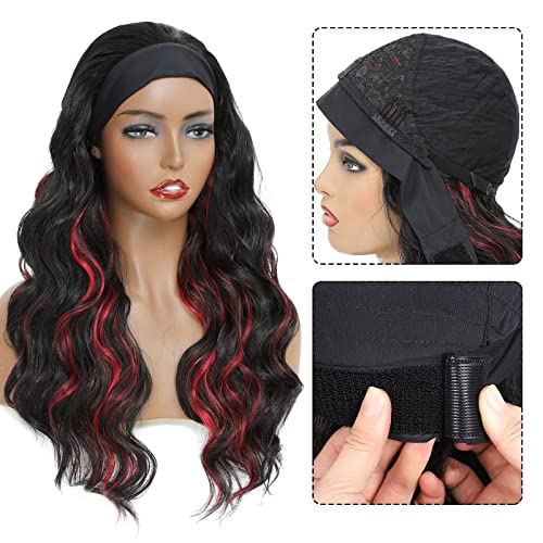 Siyah kadınlar için MarchQueen uzun dalgalı kafa bandı peruk Kırmızı vurgular ile 24 inç siyah kafa bandı peruk Kadınlar