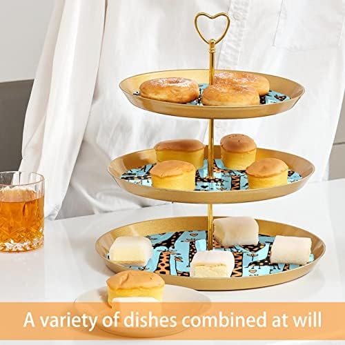 Pasta için Karikatür Zürafalar Desen Mavi Arka Plan Cupcake Tutucu, Tatlı Masa için 3 Katmanlı Plastik Altın Kek Standı,