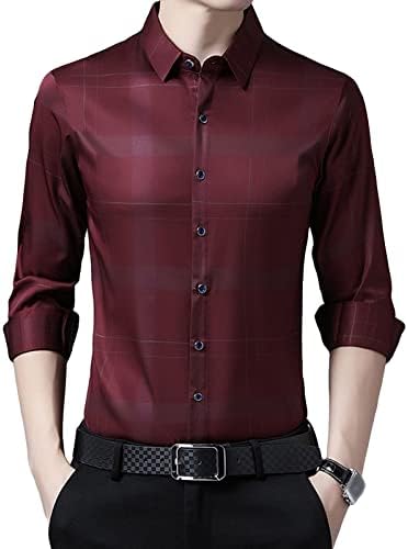Erkek Ekose İş Elbise Gömlek Uzun Kollu Casual Düğme Gömlek Düzenli Fit Streç Kırışıklık Ücretsiz Gömlek