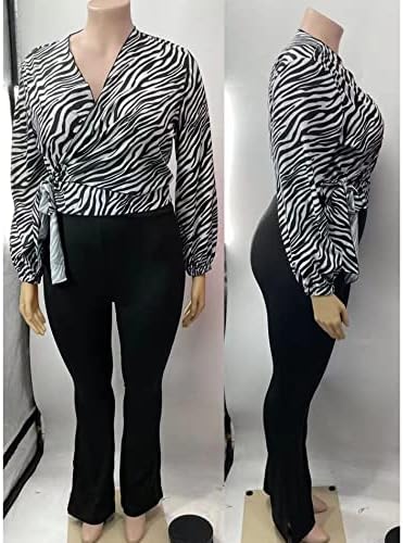 Kadın Seksi Artı Boyutu 2 Parça Tulumlar Kıyafetler Uzun Kollu Şerit Wrap Kırpma Üstleri Bodyocn Flare Pantolon Yarık