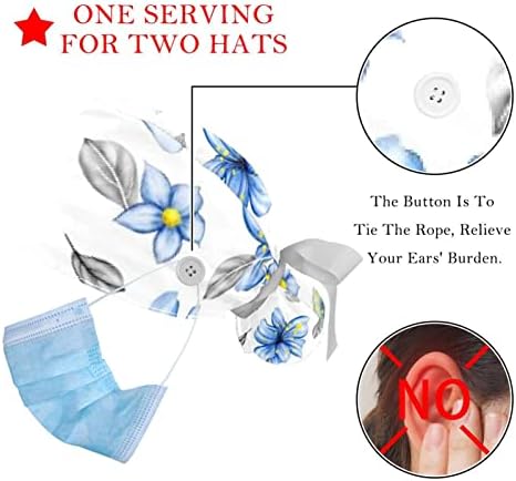 Ayarlanabilir Fırçalama Kabarık Kapaklar, 2 Paket Mavi Nokta Çiçek Çalışma Şapka Saç Kapağı At Kuyruğu Kılıfı, Cerrahi