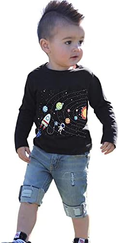 Popshion Yürümeye Başlayan Çocuk Uzay Gezegen pamuk gömlekler Uzun Kollu Çocuk Giysileri Karikatür grafikli tişört