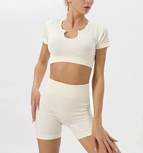 DDBO 2 Parça egzersiz kıyafetleri Seti Kadınlar için Dikişsiz Nervürlü Yüksek Bel Spor Şort Yoga Kırpma Üst Spor Seti