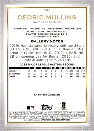 2019 Topps Galeri Beyzbol 96 Cedric Mullins RC Çaylak Kartı Baltimore Orioles Resmi MLB Ticaret Kartı