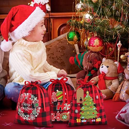 Aneco 12 Adet Noel İpli Hediye Çantası İpli Buffalo Ekose Kumaş Çanta Noel Partisi Malzemeleri için 24 Kraft Kağıt