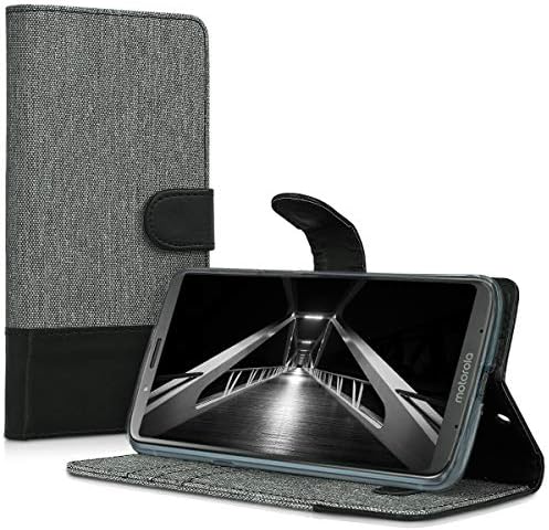 kwmobile Cüzdan Kılıf Motorola Moto Z3 Play - Case ile Uyumlu Kumaş ve Suni Deri Telefon Kapak Çevirin-Gri / Siyah