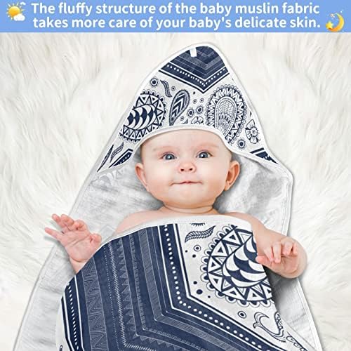 Bebek Banyo Havlusu, Bohemian Boho Paisley Desen Etnik Kabile Motifleri Geometrik Zikzak Mavi Beyaz Kapşonlu Bebek