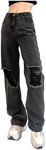 LARIAU Yırtık Kot Bayan Düz Geniş Bacak Gevşek Sıkıntılı Streç Kot Pantolon Pantolon Siyah