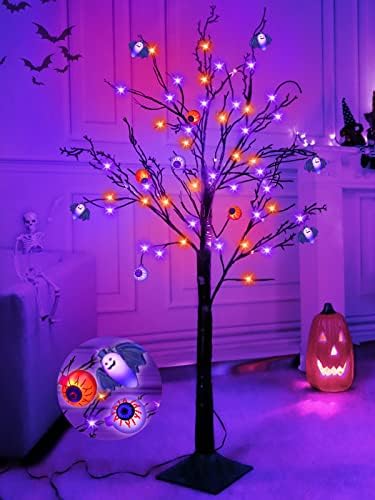 Zamanlayıcı ile 4 Ft turuncu ve mor cadılar bayramı ışıklı ağaç dekorasyon 48 LED ve 3D 5 gözbebekleri ve 5 yarasa