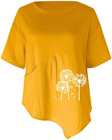 Yaz Tees Kadınlar için Pamuk Keten Cepler Üstleri Rahat Kısa Kollu Crewneck Düzensiz Hem Tunik Gömlek Bluzlar