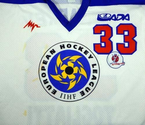 1998-99 Avrupa Hokeyi Artour Oktiabrev 33 Oyun Kullanılmış Beyaz Forma IIHF 90. Oyun Kullanılmış NHL Formaları