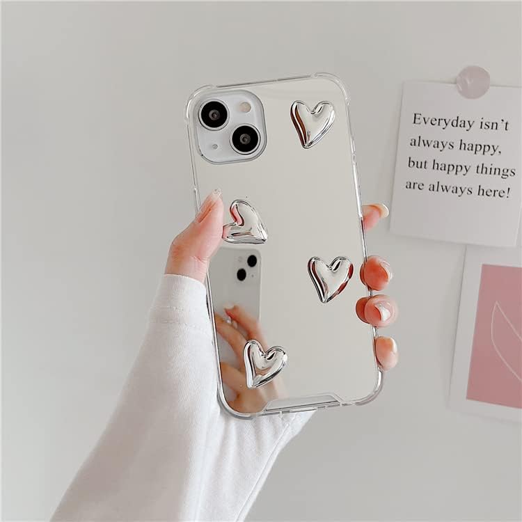 DİMEİYA iPhone 12/12 Pro kılıf ile uyumlu, Ayna Kıdemli Gümüş Sevimli Kalp Yumuşak Silikon Şeffaf Makyaj Aynası Kadın