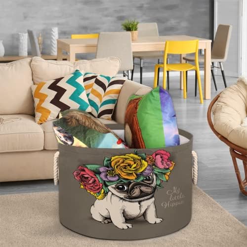 Hippi Pug Köpek Çiçek Depolama için Büyük Yuvarlak Sepetler Kulplu çamaşır Sepetleri Banyo Rafları için Battaniye