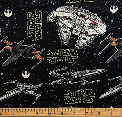 1 Yard - Star Wars Kahramanları Yıldızlı Gökyüzü Pamuklu Kumaş üzerine Gemi ve Logolar-Resmi Lisanslı (Kapitone, Dikiş,