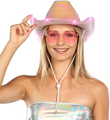 Funcredible Light Up kovboy şapkası Kadınlar için | Gözlüklü Pembe Holografik Uzay Kovboy Şapkası / Cadılar Bayramı