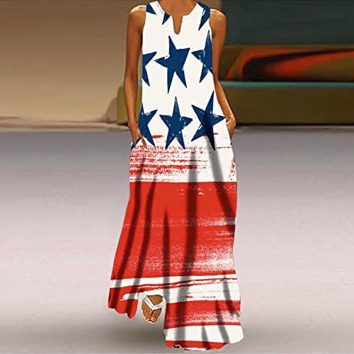 ticcoy Bağımsızlık Günü Elbiseler Kadınlar için Yurtsever Grafik Baskı Maxi Elbise V Boyun Kolsuz Sundress Cepler