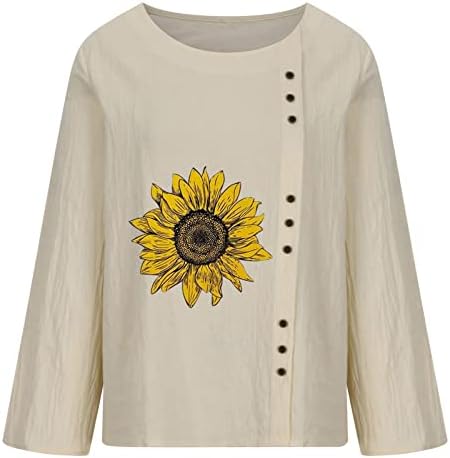 Ayçiçeği Gömlek Kadınlar için Casual Ekip Boyun Düğmesi Pamuk Keten Tunik Üstleri Gevşek Rahat Uzun Kollu Düz Renk