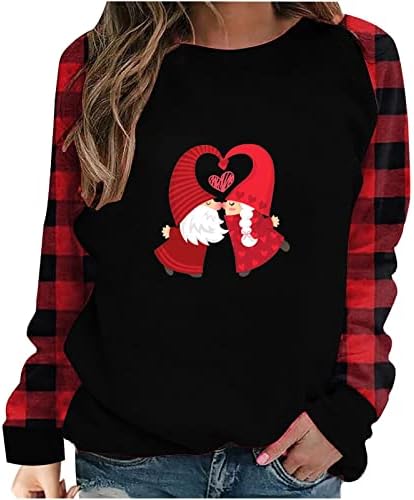 Sevgililer Günü Gömlek Kadın Bluz Aşk Kalp Grafik Uzun Kollu Tee Gömlek Ekleme Buffalo Ekose Kazak Üst Tunik