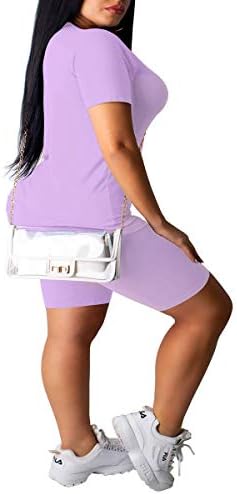 Mıchellecmm Kadınlar 2 ADET Spor Seti, Düz Renk Kısa Kollu Yuvarlak Boyun Üst, yüksek Bel Elastik Bant Kısa Pantolon