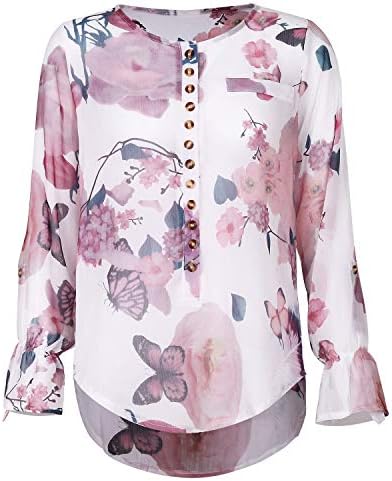 Andongnywell kadın Kısa Kollu Üstleri Çiçek V Boyun Casual Bluz Gömlek Düğme Tunik Bluzlar