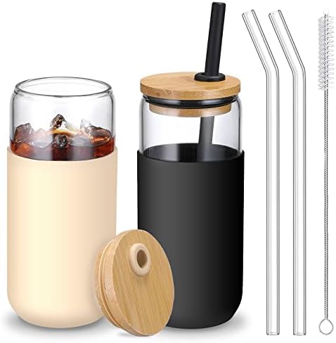 Bambu Kapaklı ve Pipetli 20 OZ Cam Bardak-Silikon Koruyucu Kılıflı Bira Kutusu Şekilli içme bardakları Seti, Buzlu