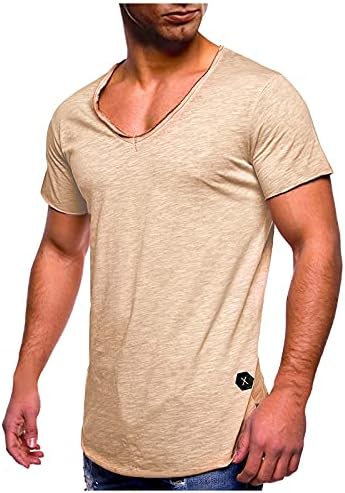 WENKOMG1 Yaz V Boyun Henley Gömlek Erkekler Artı Boyutu Düz Renk Tee Gömlek Pamuk kısa kollu üstler Temel T-Shirt