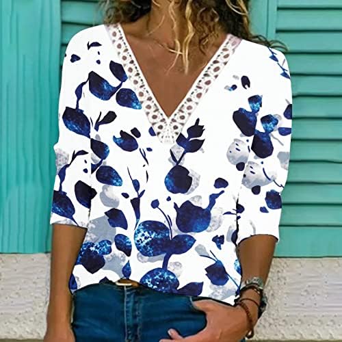 Bayan Moda Çiçek Baskılı T Shirt V Boyun Tığ İşi dantel üstler Rahat 3/4 Kollu Bluzlar 2023 yazlık gömlek