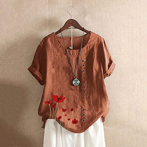 Kadın Üstleri Yaz Çiçek Baskı Kısa Kollu T-Shirt Keten Artı Boyutu Düğme Casual Bluz Kazak Tees Gömlek Tunikler