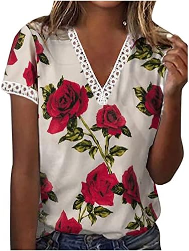 Dantel Tığ T Shirt kadın V Boyun Üstleri Moda Çiçek Baskı T Shirt Casual Kısa Kollu Bluzlar bol tişört Tunikler