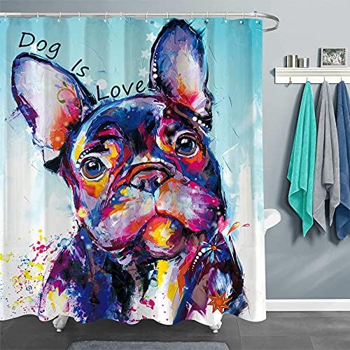 Miyotaa Köpek Komik Soyut Yağlıboya Duş perde seti 60 W x 71 H İnç Bulldog Renkli Pet Sevimli Köpek Yapıt Hayvan Polyester