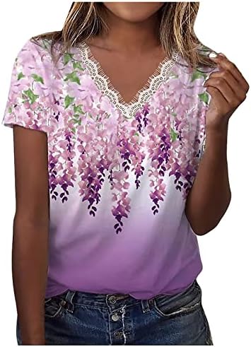 UQRZAU kadın T Shirt Casual Gevşek Gömlek V Boyun Kısa Kollu Çiçek Baskı dantel üstler T-shirt Tee 2023 T Shirt