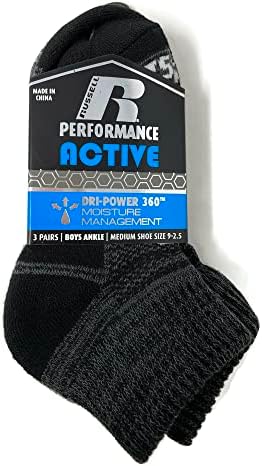 Russell Performance Boys Aktif Ayak Bileği Çorapları - 3 Çift, Siyah, 9-2, 5