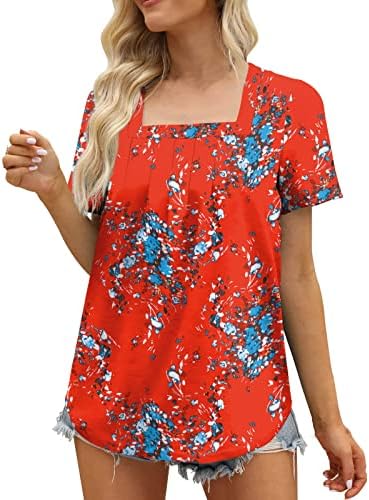 QCEMEN Boho Tunik Üstleri Kadınlar için Kare Boyun Kısa Kollu Bluzlar Moda Çiçek Baskı Gömlek Yaz Rahat bol tişört