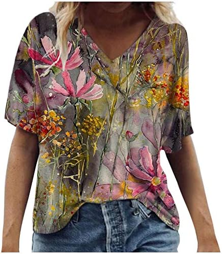 Yaz T Shirt Kadın Moda Kravat Boya Çiçek Baskılı Bluzlar V Boyun Kısa Kollu Tees Gevşek Fit Casual Tops