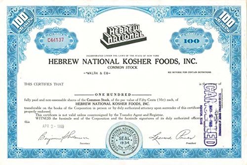 Hebrew National Kosher Foods, Inc - Stok Sertifikası