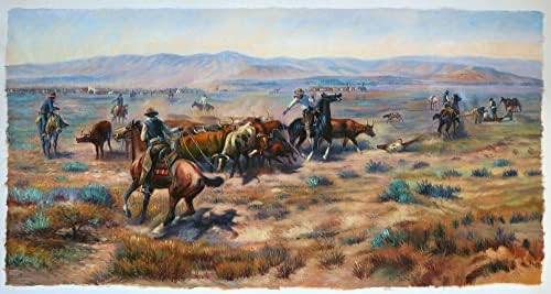 Yuvarlak-Up-Charles Marion Russell el-boyalı yağlıboya üreme, Amerikan Batı Manzara, Cowboys Halat Sığır, Çiftlik