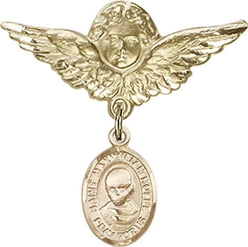 Jewels Obsession Aziz Maximilian Kolbe Tılsımlı Bebek Rozeti ve Kanatlı Melek Rozet Pimi / 14 Ayar Altın Aziz Maximilian
