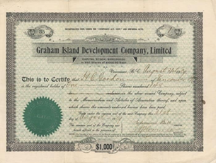 Graham Island Development Co, Limited-Stok Sertifikası
